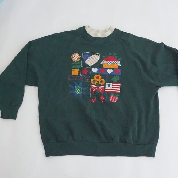 Sweaters - Vintage Gopher Sport Green Patchwork Quilt Square Heart Floral Folk Sweater 2X